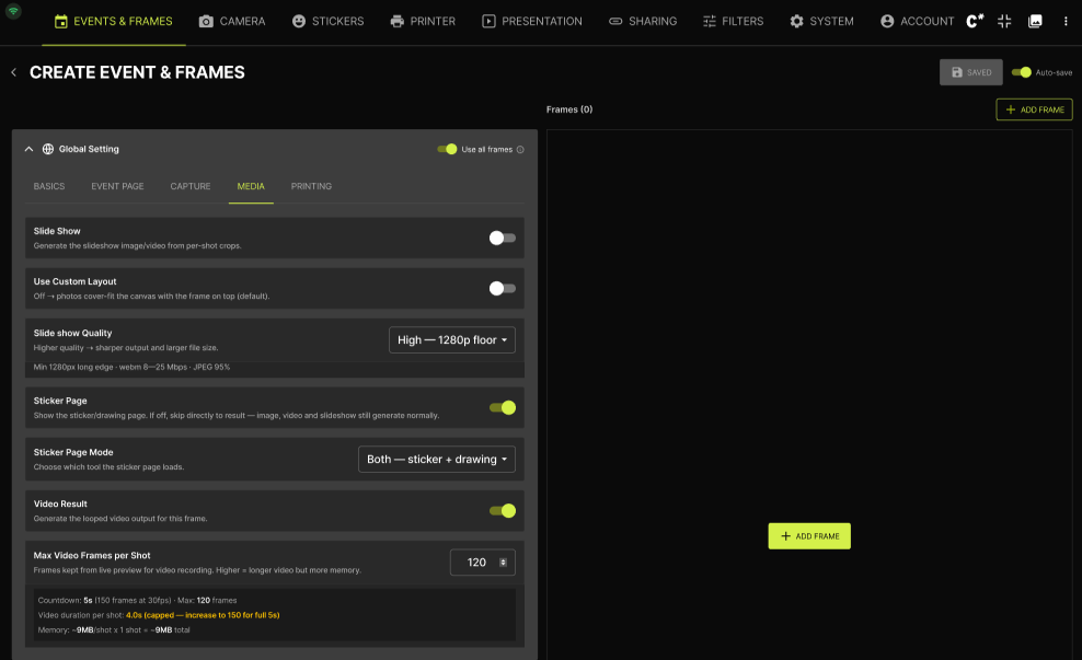 CAP*TURES operator console — Events & Frames configuration with camera, printer, sharing, filters, and system controls