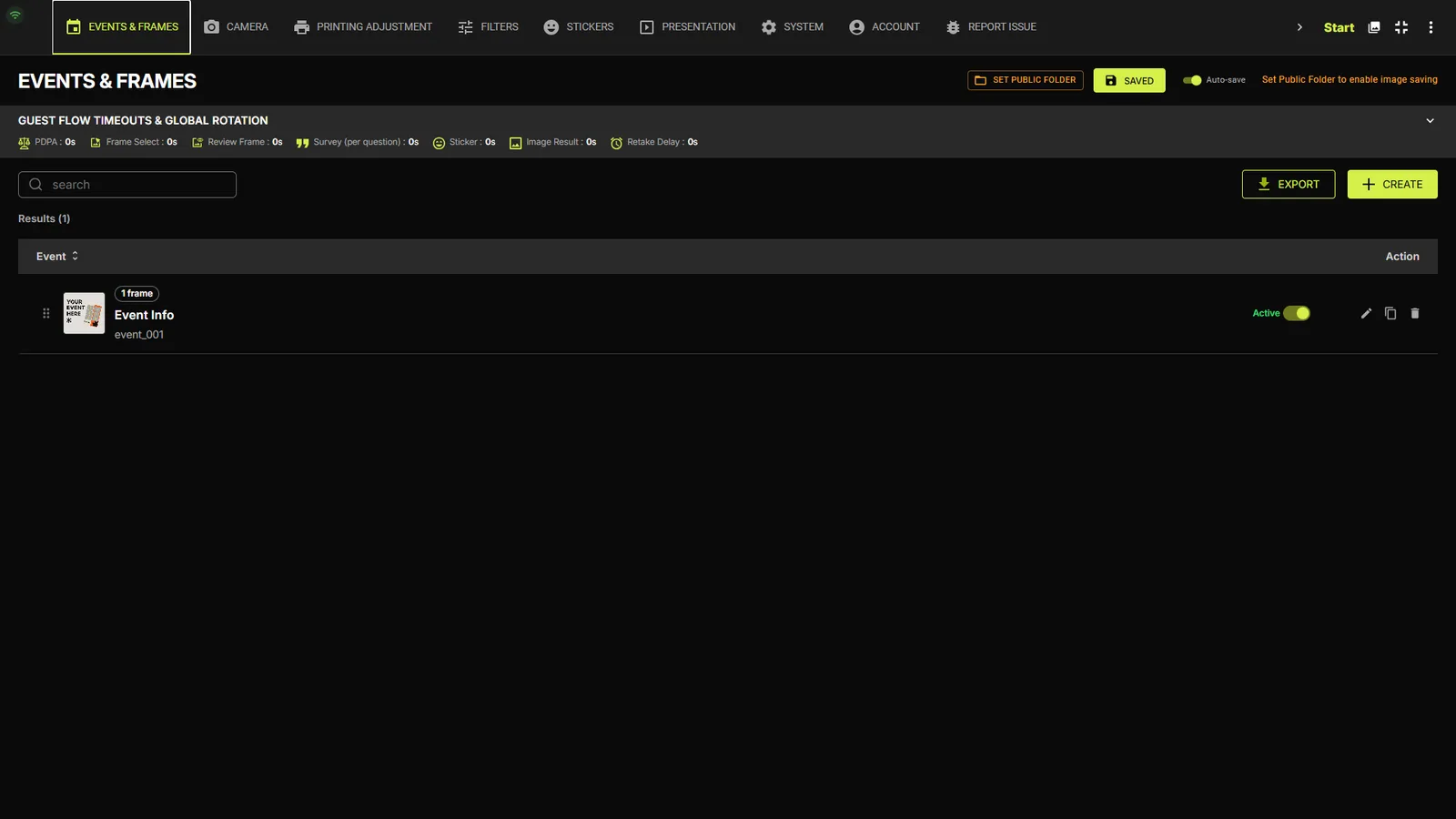 Events & Frames tab